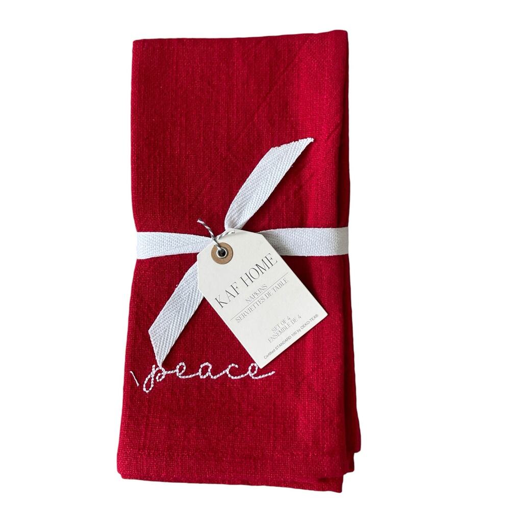 Embroidered PEACE Christmas Dinner Napkins Set of 4 Holiday Red White 20x20 New